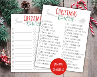 May include: A printable Christmas bucket list with a cartoon reindeer and sleigh design. The list includes activities like visiting Santa, wrapping presents, decorating the tree, and making snowman pancakes.