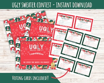 May include: A collection of red and white Ugly Sweater Contest printables. Includes certificates, voting cards, and decorative elements like snowflakes and string lights. The text reads "Ugly Sweater Contest" and "Voting Cards Included!!".