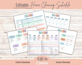 May include: Printable home cleaning schedule templates in a pastel colour scheme. The templates include a family chores chart, a cleaning planner, and a weekly cleaning schedule with sections for daily, weekly, monthly, quarterly, semi-annual, and annual tasks.
