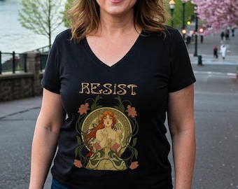 Art Nouveau Resist Shirt: Feminist Rebel V-Neck T-Shirt