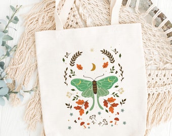 Cottage Core Luna Moth and Mushrooms Canvas Book Bag, Grocery Tote