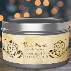 Vela en lata personalizada de regalo de boda elegante D20, regalo de Game Master, 8 oz y 4 oz