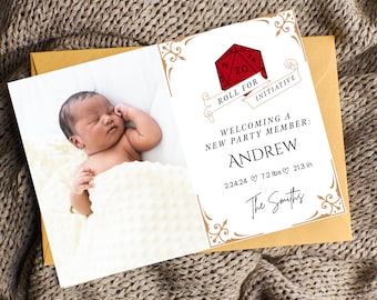 Personalized D20 Baby Announcement Card: Editable Newborn Photo (Instant Download)