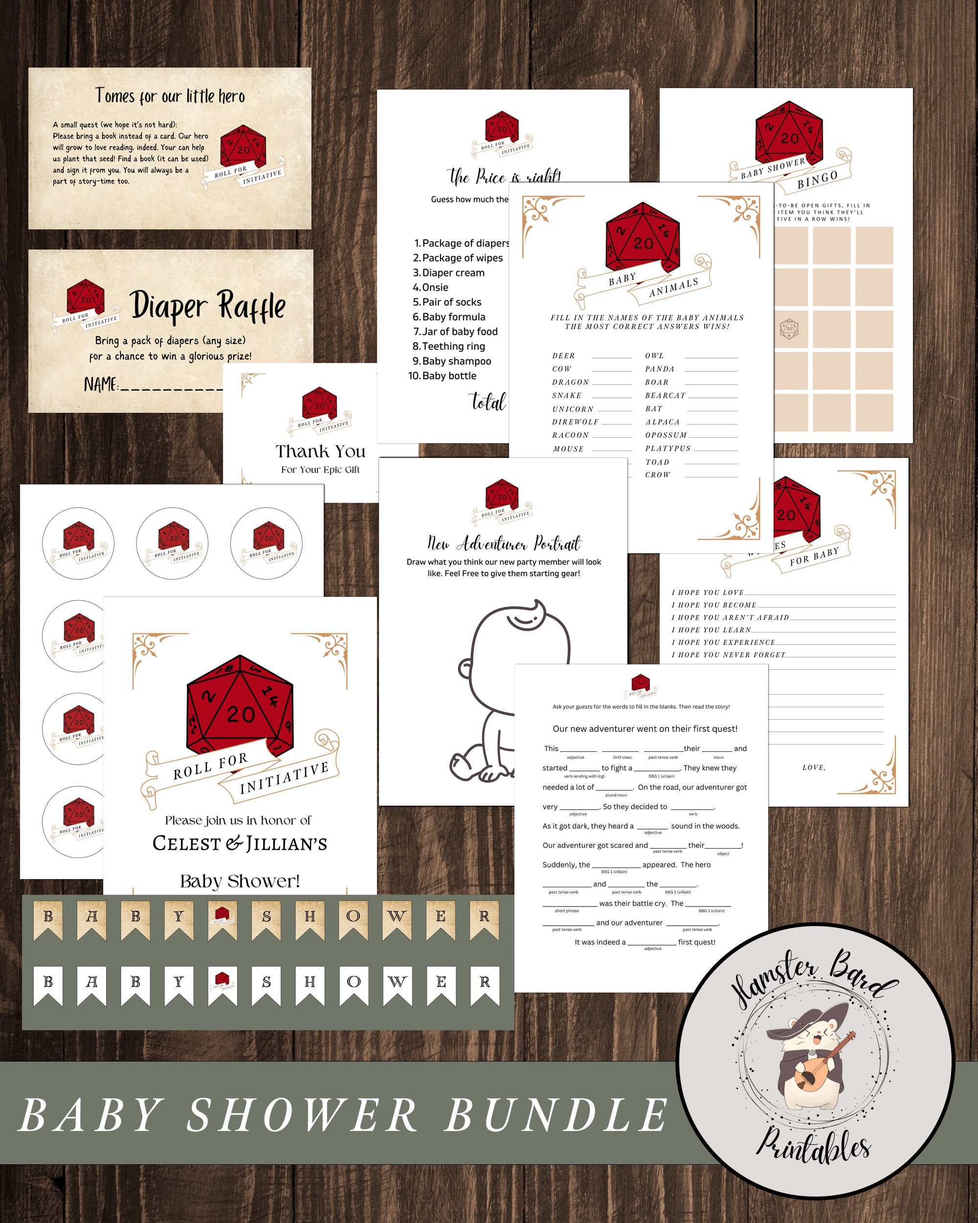D20 DnD Gender Neutral Baby Shower FULL Bundle, Games, Decorations, Thank You Cards, Invitations