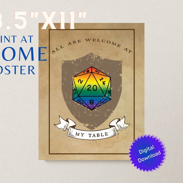 D20 Pride Flag TTRPG Todos son bienvenidos en mi mesa Imprimir en casa Descarga digital