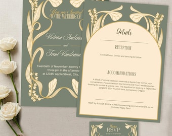Art Nouveau Wedding Invitation Set: Sage Green & Gold (DIY Editable Template)