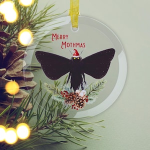 Merry Mothmas Mothman Christmas Tree Cryptid Glass Ornament