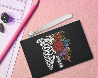 Floral Skeleton D20 Dice Bag: Gothic Vegan Leather Clutch