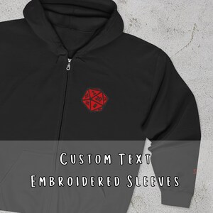 Red D20 Dice Black Hoodie Zip Up Hooded Sweatshirt, TTRPG Hoodie