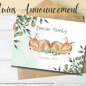 Faire-part de grossesse de jumeaux sans sexe de bébé de couleur neutre | Modèle personnalisé | Téléchargement numérique instantané imprimable CANVA modifiable