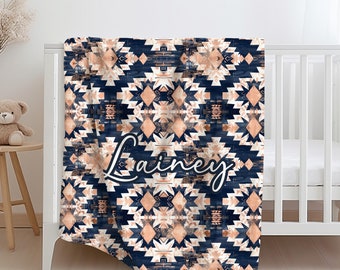 Rose Gold/Navy Aztec Minky/Sherpa Blanket with or without Name, Boho Baby Blanket, Personalized Custom Baby Blanket, Western Nursery Kid