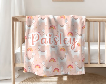 Llama Blanket for Baby Girl with Name, Personalized Custom Baby Blanket, Cute Sherpa/Minky Blanket Gift, Llama Nursery