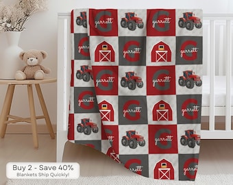 Red Tractor Baby/Toddler Blanket, Personalized Baby Blanket, Farm Blanket, Tractor and Barn, Sherpa/Minky Blanket, Blanket Gift