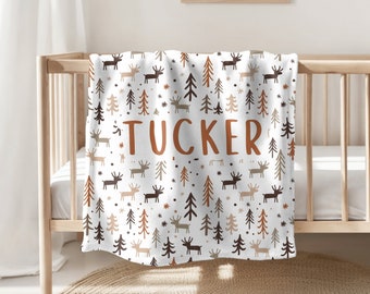 Woodland Deer Blanket with/without Name, Personalized Custom Baby Blanket, Cute Sherpa/Minky Blanket Gift, Deer Hunting Nursery