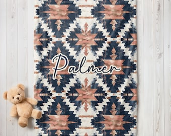 Rose Gold/Navy Aztec Minky/Sherpa Blanket with or without Name, Boho Baby Blanket, Personalized Custom Baby Blanket, Western Nursery Kid