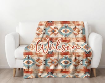 Turquoise Aztec Blanket with Last Name, Family Name Blanket for Couch, Personalized Wedding/Bridal Shower, New Home/Housewarming Gift