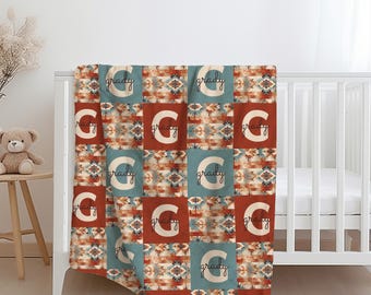 Orange/Teal Aztec Minky/Sherpa Blanket with Name, Boho Baby Blanket, Personalized Custom Baby Blanket, Western Nursery Gift