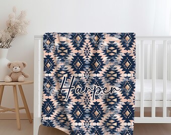 Rose Gold/Navy Aztec Minky/Sherpa Blanket with or without Name, Boho Baby Blanket, Personalized Custom Baby Blanket, Western Nursery Kid