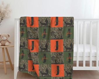 Orange Camo Hunting Blanket, Personalized Baby/Toddler Blanket, Deer and Duck Hunting Blanket, Sherpa/Minky Baby Blanket Gift