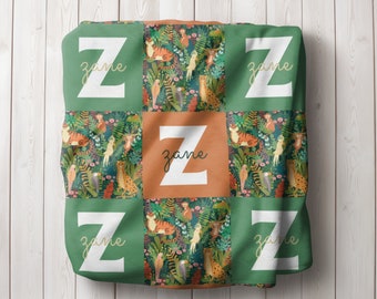 Jungle-Themed Baby Blanket, Personalized Baby Blanket, Jungle Animal Blanket, Cute Sherpa/Minky Baby Blanket Gift, Toddler Boy Blanket