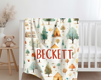 Camping Blanket for Baby with/without Name, Personalized Custom Baby Blanket, Cute Sherpa/Minky Blanket Gift, Camping Nursery, Camping Gift