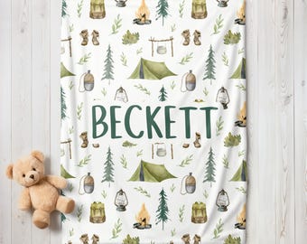 Camping Blanket for Baby with/without Name, Personalized Custom Baby Blanket, Cute Sherpa/Minky Blanket Gift, Camping Nursery, Camping Gift