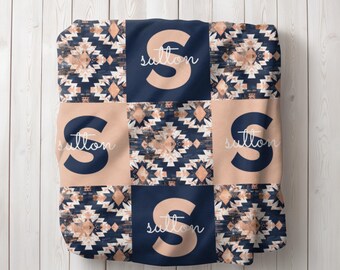 Rose Gold/Navy Aztec Minky/Sherpa Blanket with Name, Boho Baby Blanket, Personalized Custom Baby Blanket, Western Nursery