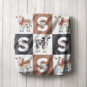 Couverture vache pour chambre d'enfant à la ferme, couverture avec prénom personnalisé, couverture pour bébé de la ferme, cadeau animal de grange pour bébé/enfant en bas âge, couverture sherpa/minky