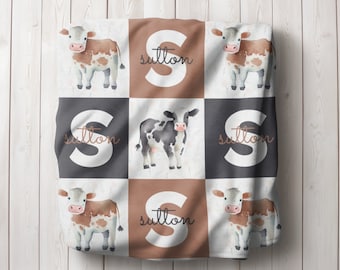 Cow Blanket for Farm Nursery, Personalized Custom Baby Name Blanket, Farm Baby Blanket, Barn Animal Baby/Toddler Gift, Sherpa/Minky Blanket
