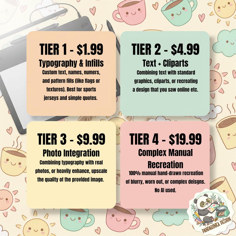 May include: Image featuring four tiers of design services, each with a price and description. Tier 1 offers typography and infills, Tier 2 text and clip art, Tier 3 photo integration, and Tier 4 complex manual recreation.