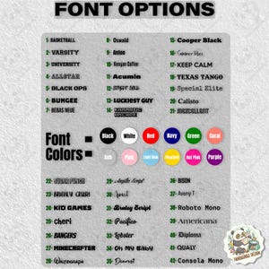 May include: A graphic showing font options and colours. The text "FONT OPTIONS" is at the top. Below are numbered font styles, including "BASKETBALL" and "VARISTY." Colour options include black, white, red, navy, green, and coral.