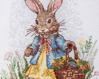 Easter embroidery design Cross stitch kit Easter bunny DIY Easter Home Decor, Floral Spring Cross Stitch for Adults Gift Idea