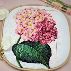 Hydrangea Counted Cross Stitch Kit, Pink Flower Hand Embroidery, Modern Needlework, DIY Floral Plant Hoop Pattern, Botanical Art Gift Idea
