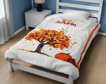 Manta de felpa "Hola Otoño": manta blanca de otoño, acogedora decoración otoñal, suave manta de forro polar, manta con hojas de otoño, manta para sofá de Acción de Gracias