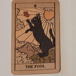 Black cat Tarot Card The Fool sew or Iron On Patch, Wicca pagan fortune feline fun cloth badge Applique