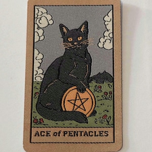 Black cat Tarot Card Ace of Pentacles sew or Iron On Patch, Wicca pagan fortune feline fun cloth badge Applique Luna