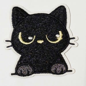 Grumpy Black cat Patch : Embroidered pet animal Angry kitty sew or Iron-On badge Applique