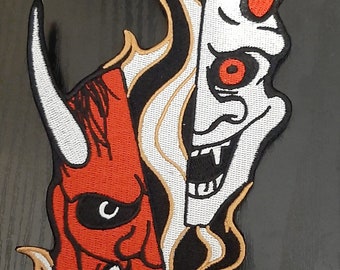 Large Red & White Oni Hannya Mask Patch: Japanese Embroidered Applique