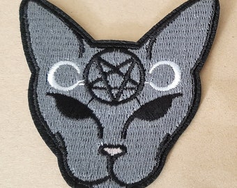 Gothic Sphinx Katze Aufnäher: Bestickte Katze mit Pentagramm