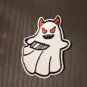 Sheet Ghost cat with knife, sew or Iron On Patch, spooky fun cloth badge Applique