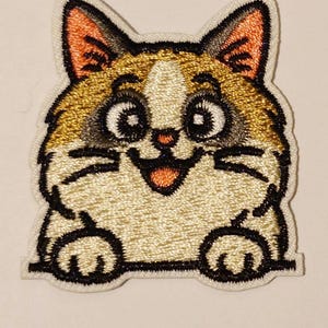 Happy fluffy main coon cat Patch: Embroidered pet animal Iron-On badge Applique