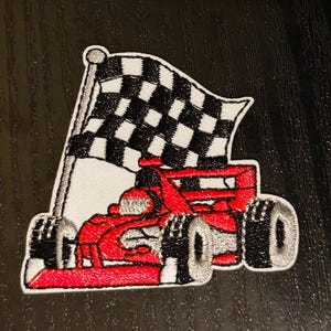 Red racing car with chequered flag sew or Iron On Patch, winning motor sport car cloth badge Applique