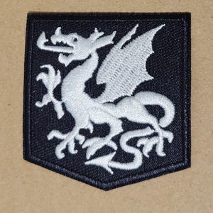 Könnte beinhalten: Weiß gestickter Drachen-Patch auf schwarzem Stoffgrund. Der Patch hat die Form eines Schildes.
