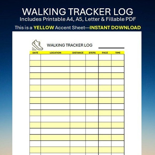 Walking Tracker Printable, Walking Journal, Walking Log, Daily Exercise Planner, Health & Fitness, A4/A5/Letter, Instant Download PDF Yellow