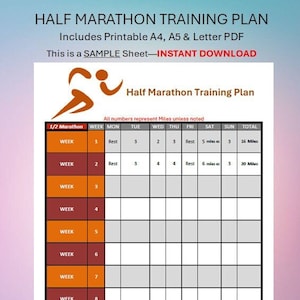 Könnte beinhalten: Ein druckbarer Halbmarathon-Trainingsplan mit einem Beispielblatt. Der Plan enthält eine Tabelle mit der wöchentlichen Laufleistung für jeden Tag der Woche, einschließlich Ruhetagen. Die Tabelle ist mit den Wochentagen, der Wochennummer und der Gesamtlaufleistung beschriftet. Die Tabelle ist in Orange und Rot.