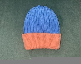 Blue and Peach Handmade Knitted Hat