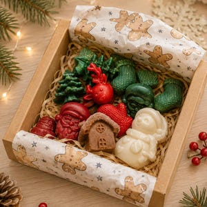 May include: A square cardboard gift box filled with assorted holiday-themed wax melts. The collection includes a red reindeer, a white snowman, a brown gingerbread house, a red Santa face, green stockings, and green pine trees nestled in straw.