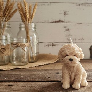 May include: A light beige, sculpted wax candle shaped like a sitting puppy with curly fur, a small black nose, and a single white wick protruding from the top of its head. The candle features detailed moulded fur texture and a realistic facial expression.