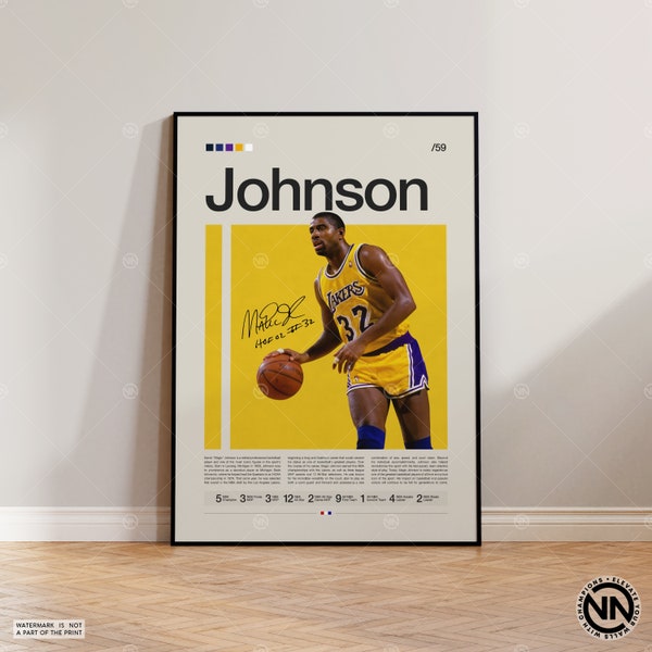 Magic Johnson Poster, LA Lakers Poster, NBA Poster, Sports Poster, Mid Century Modern, NBA Fans, Basketball Gift, Sports Bedroom Posters