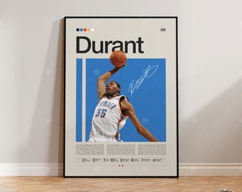 Affiche Kevin Durant, affiche OKC Thunder, affiche NBA, affiche de sport, style Mid-Century moderne, fans de la NBA, cadeau de basket-ball, affiches de chambre sport